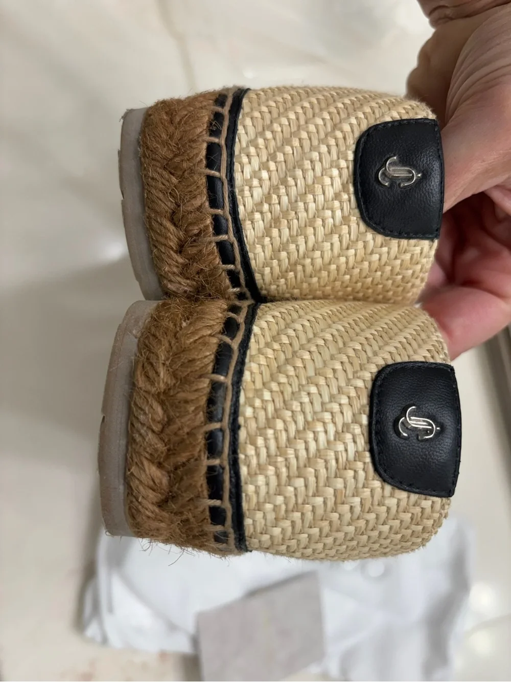 Jimmy Choo Natural Straw Slip-On Flats with Black Trim and Pearl Embellishments